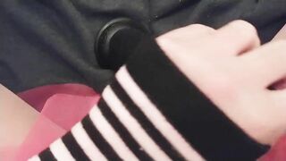 Femboy taunts spear with huge dark-hued faux-cock and comes all over it