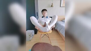 Guy in school uniform faps and shoots a load at home