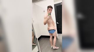 Thin nerdy lad guy undresses and ejaculates in public dressing guest room with door open