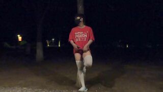 Folks in milky stocking fap and finish off in the park, many passersby are observing