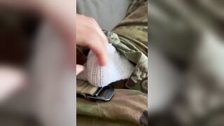army solider strokes off in cutoffs and while dressed in a jock cable under his military uniform
