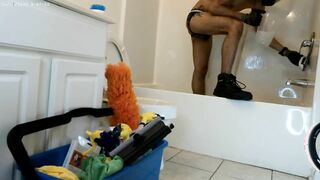 Biker Cleans Shower in Jockstrap
