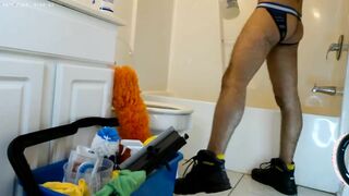 Biker Cleans Shower in Jockstrap
