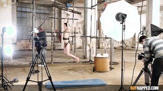 Handsome lad exposed while strung up gets his big trouser snake played