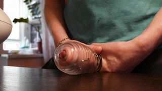 two fellows take turns pulverizing a latex crevasse and jizm inside it.