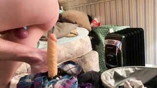 Stuffing my stud crevasse with a cord on vibrating faux beefstick. Yum!