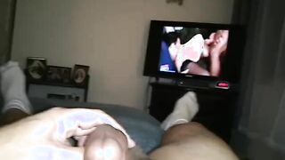 MochaCoca observing porn blows a flow on his stomach and gobbles it