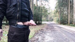 Boy with thick manhood stroking and cumming near the street