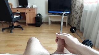Jizz-Shot through man rod urethral rump-buttplug with boner-head ring (slow movement jizm shot)