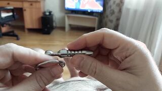 Jizz-Shot through man rod urethral rump-buttplug with boner-head ring (slow movement jizm shot)