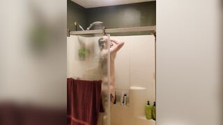 Caught in the douche soaping up, shaving, jerking