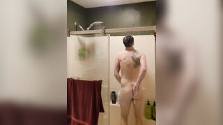 Caught in the douche soaping up, shaving, jerking