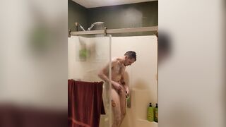 Caught in the douche soaping up, shaving, jerking