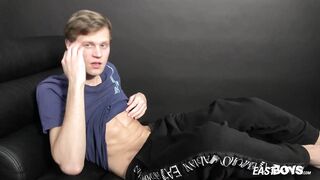 Slender stud Jake Bode with lovely six pack masturbating his trouser snake