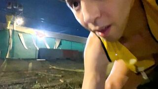Lad in purity cell slinks into construction website & pokes his man hole with phat faux-cock in public