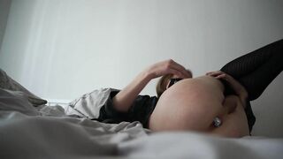 Femboy mega-bi-atch in pantyhose ride a faux hard-on