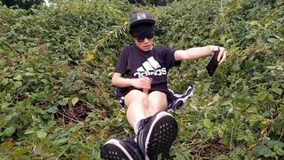 Lovely French-Japanese queer lad strokes off his hairless bone outside finishes off good-sized jizz slamming to his thumbs