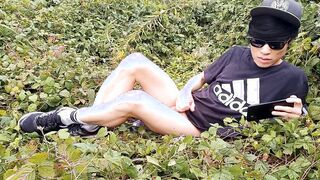 Lovely French-Japanese queer lad strokes off his hairless bone outside finishes off good-sized jizz slamming to his thumbs