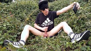 Lovely French-Japanese queer lad strokes off his hairless bone outside finishes off good-sized jizz slamming to his thumbs