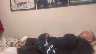 First-timer jizm in utter Hockey gear after teaching