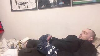 First-timer jizm in utter Hockey gear after teaching