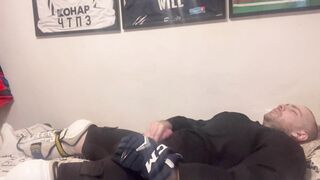 First-timer jizm in utter Hockey gear after teaching