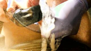 Enormous Jizz shot on Glass Close up After Edging My Salami with a Wand