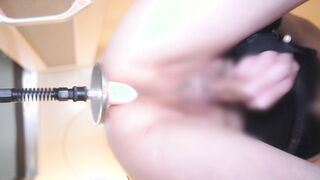 Fuck stick jammed in doggystyle, pumping out, crossdressing getting off