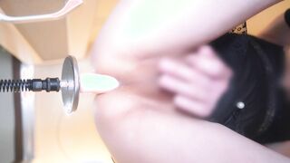 Fuck stick jammed in doggystyle, pumping out, crossdressing getting off