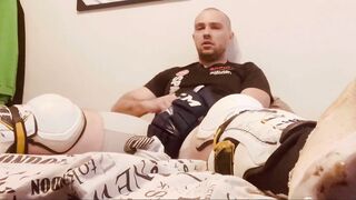 Fap in Hockey shinpads Soccer cleats and Hockey gloves