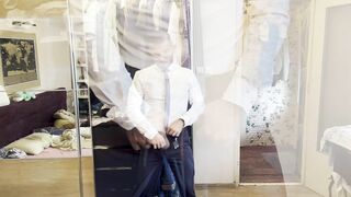 suited fellah is opening up gams like tramp and plays with his malepussy with locked weenie